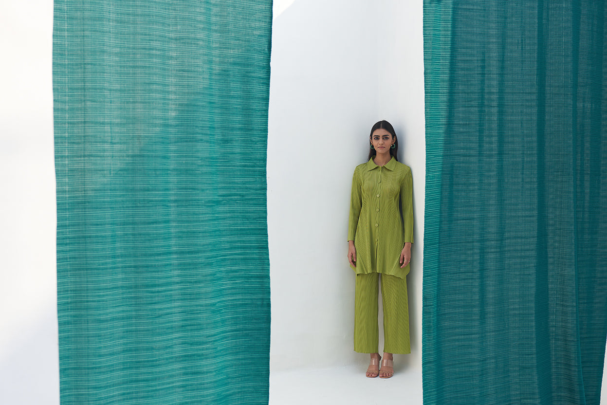 LIME GREEN FRENCH PLEATED COORD SET