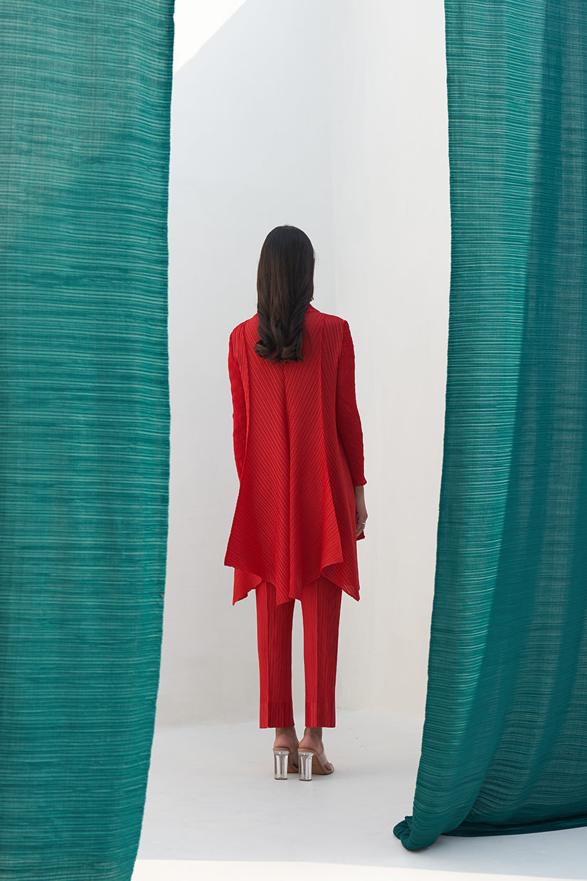 RED CRUSHED SLEEVES KURTI SET