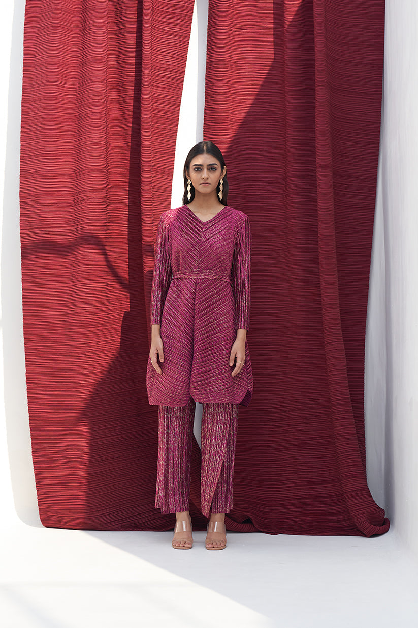 RED METALLIC LONG V NECK COORD SET