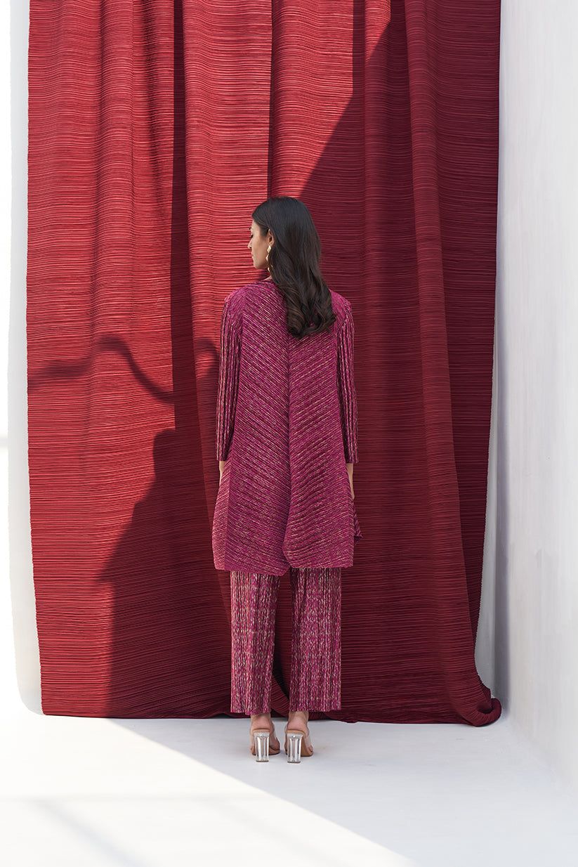 RED METALLIC LONG V NECK COORD SET