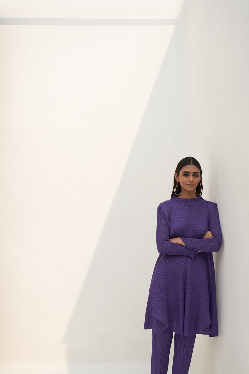 PURPLE CRUSHED SLEEVES KURTI SET