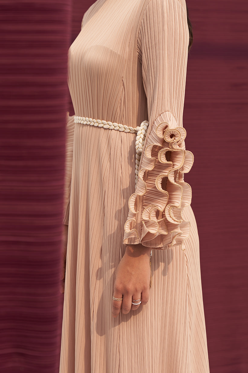 BEIGE FRILL SLEEVES DRESS