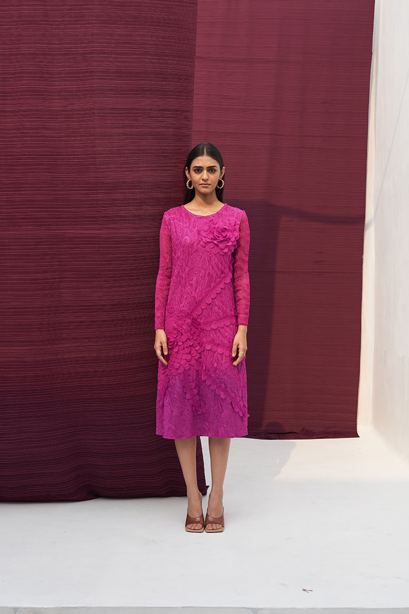 FUSCIA FLOWER CRUSHED LONG DRESS