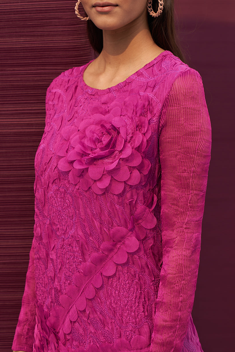 FUSCIA FLOWER CRUSHED LONG DRESS