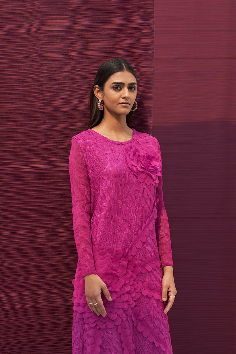 FUSCIA FLOWER CRUSHED LONG DRESS