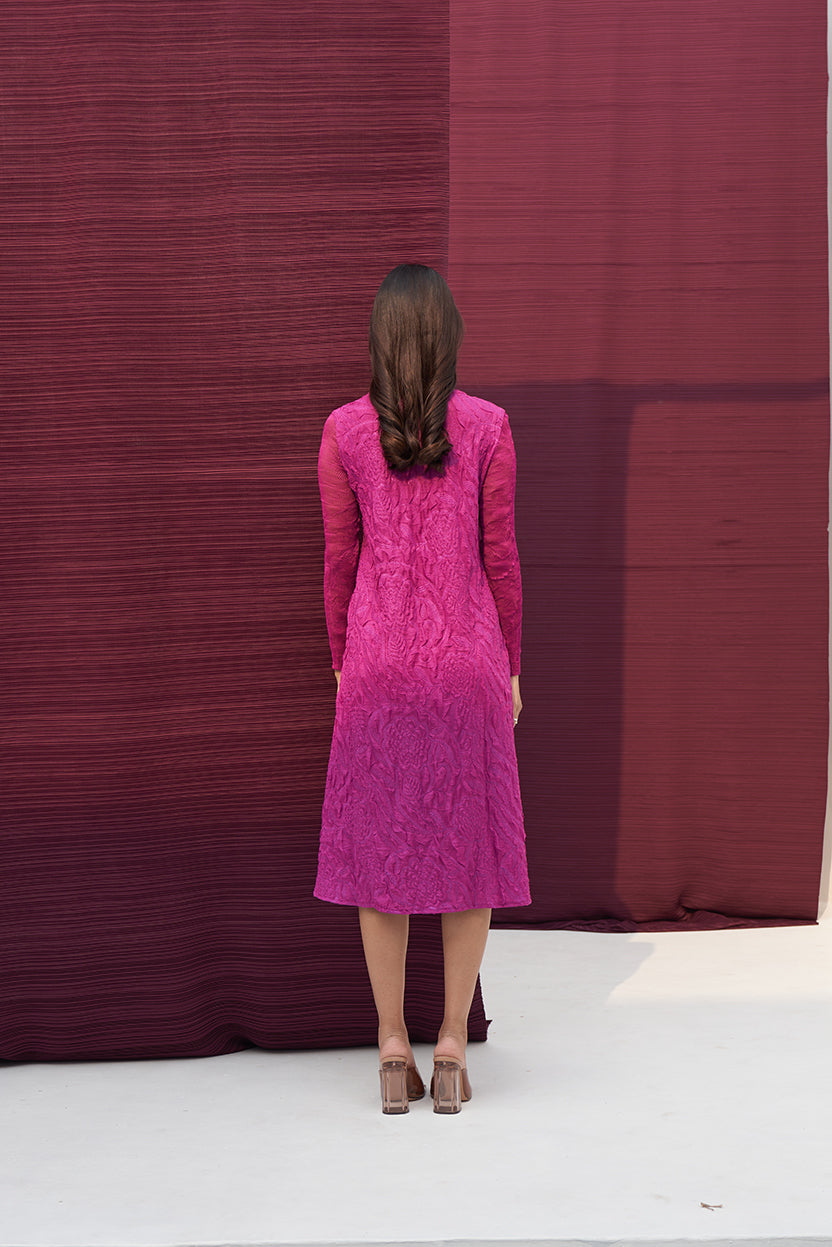 FUSCIA FLOWER CRUSHED LONG DRESS