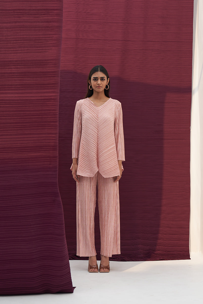 PINK METALLIC V NECK COORD SET