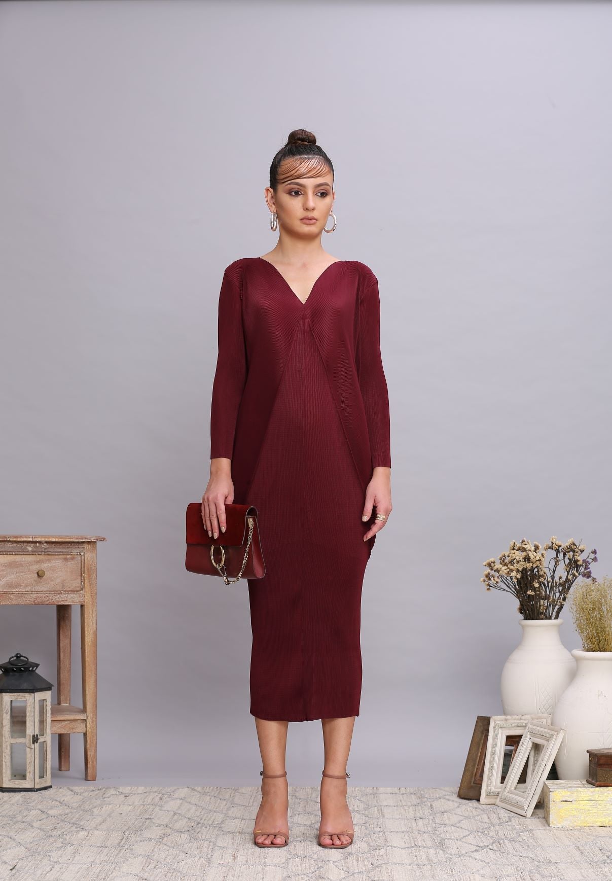 MAROON COWL DRAPE DRESS