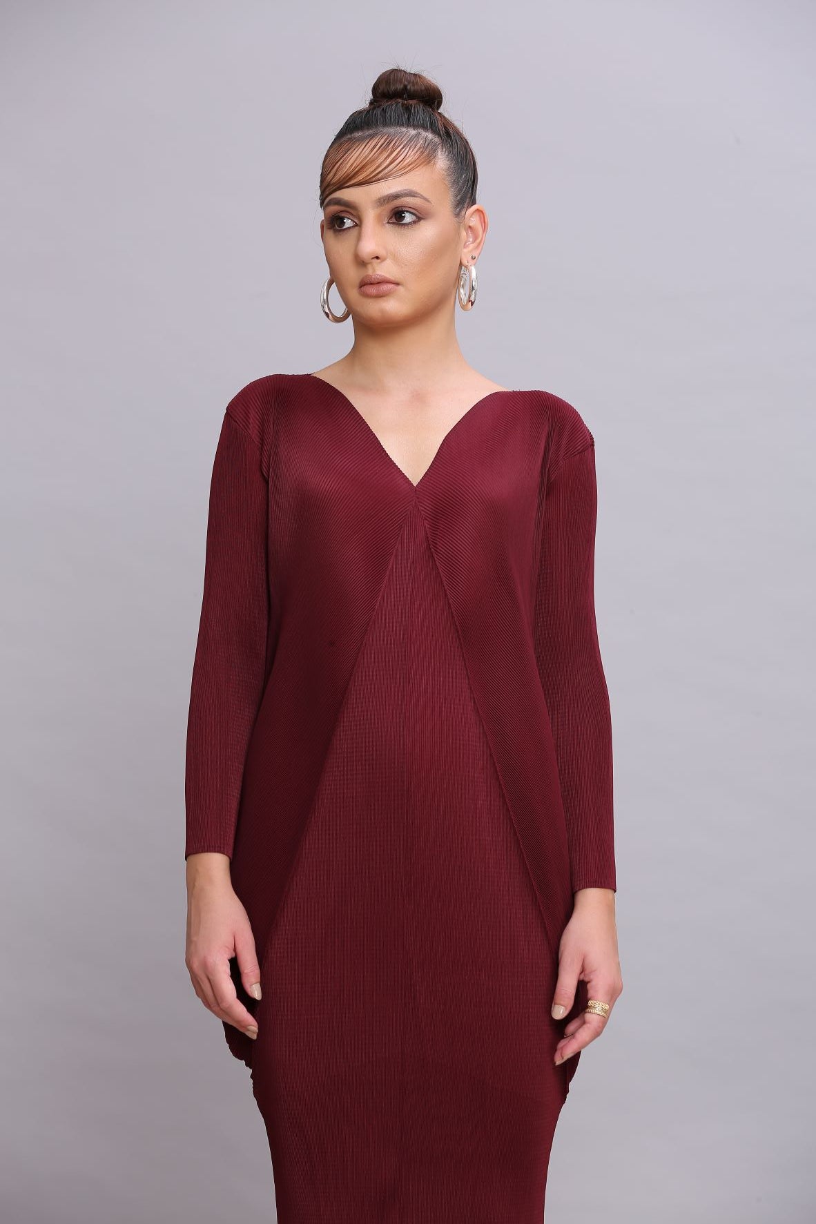 MAROON COWL DRAPE DRESS