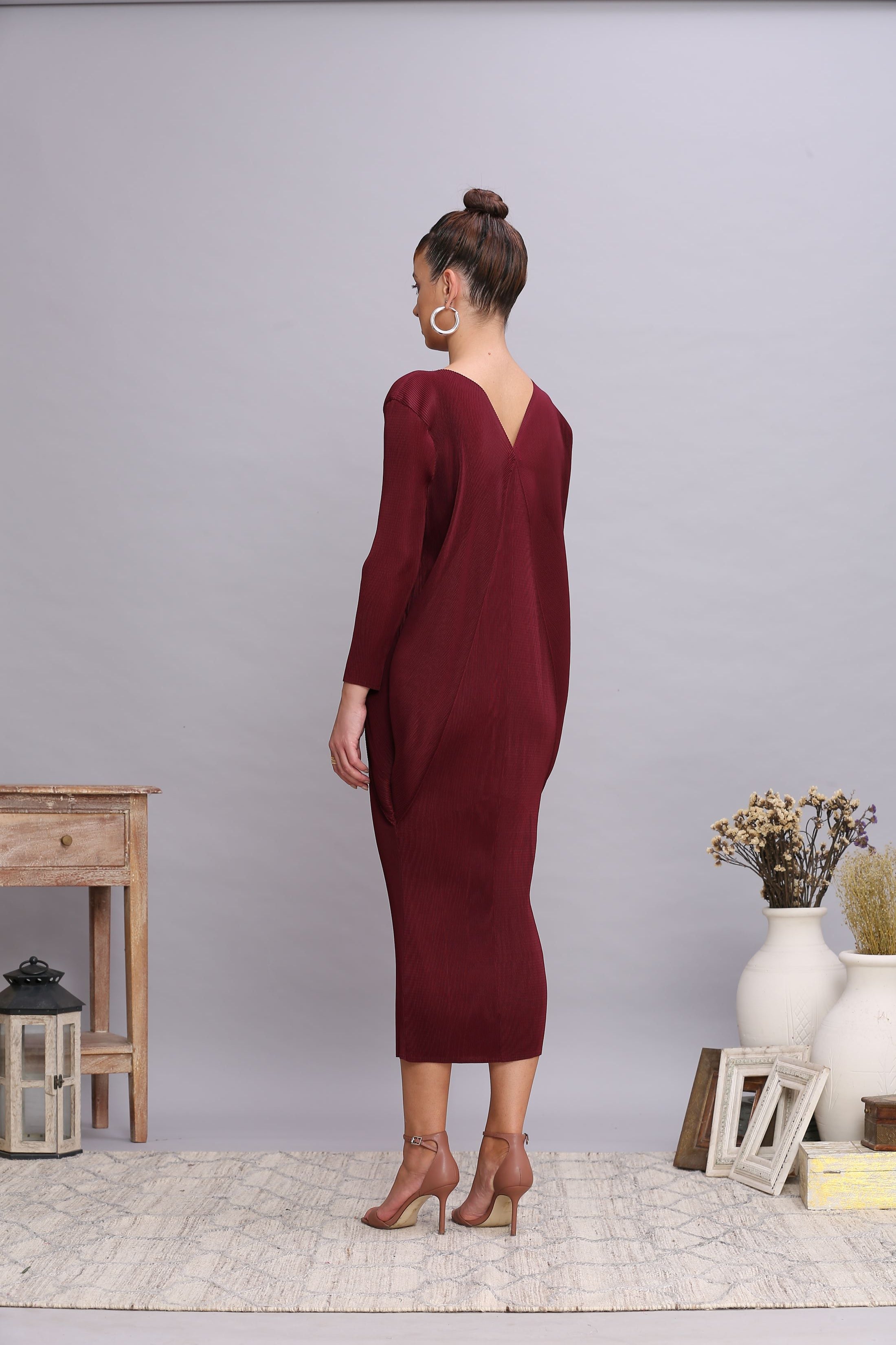 MAROON COWL DRAPE DRESS