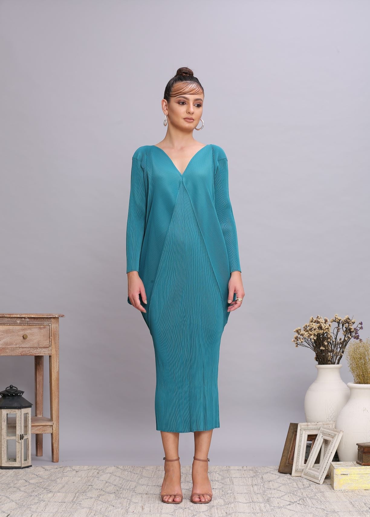 TEAL BLUE COWL DRAPE DRESS