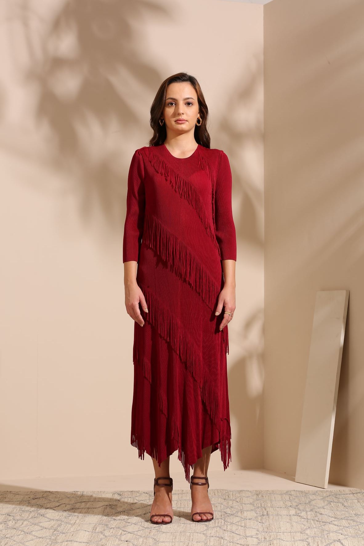 RED PLEATS FRINGE DRESS