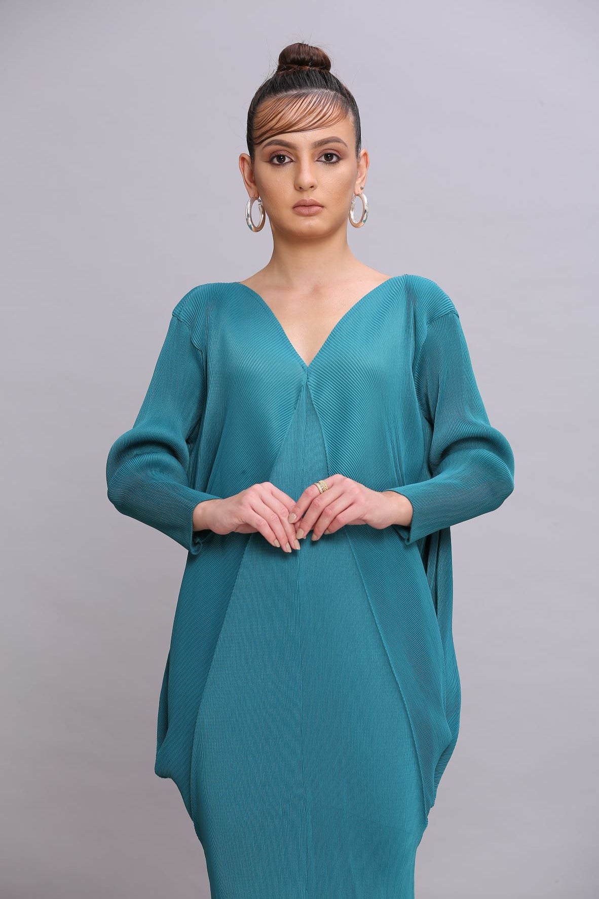 TEAL BLUE COWL DRAPE DRESS