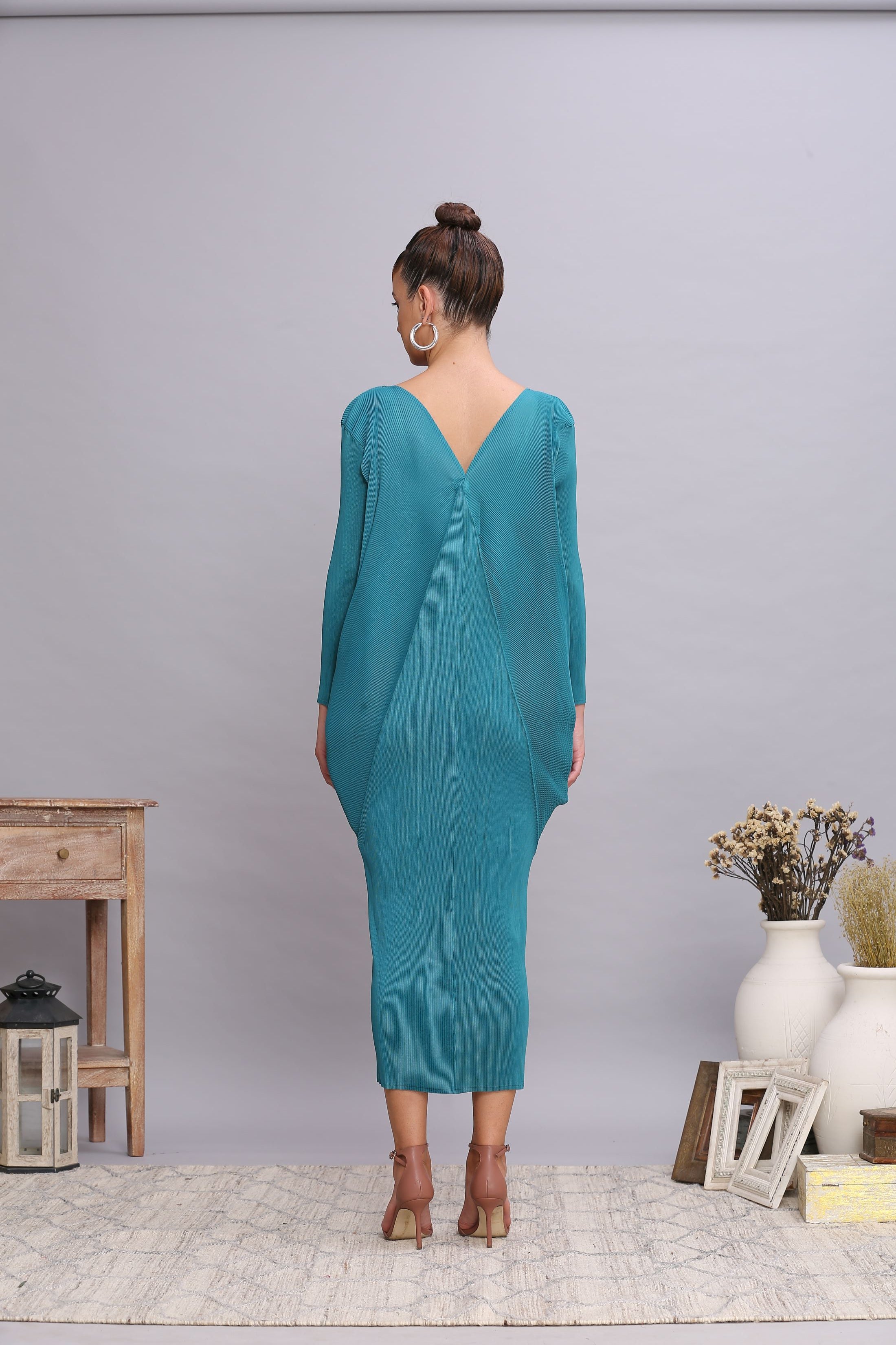 TEAL BLUE COWL DRAPE DRESS