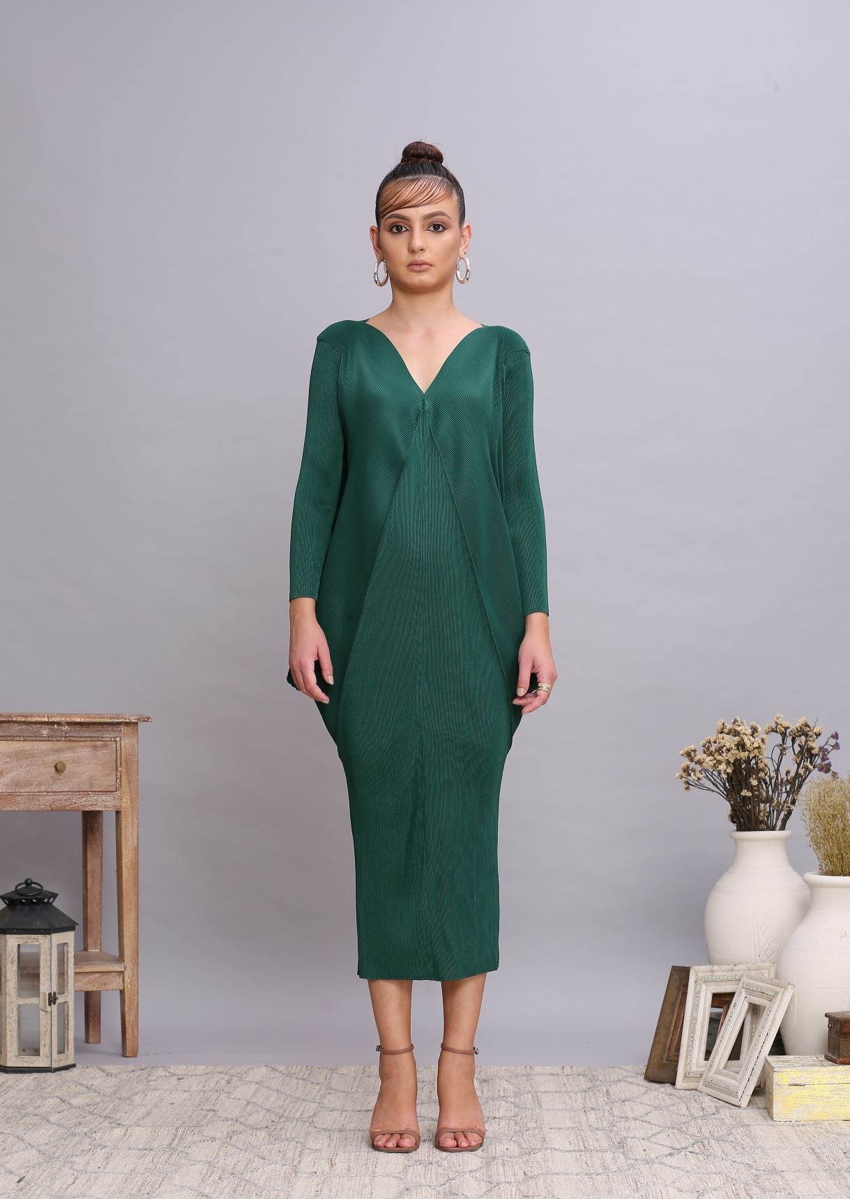 GREEN COWL DRAPE DRESS