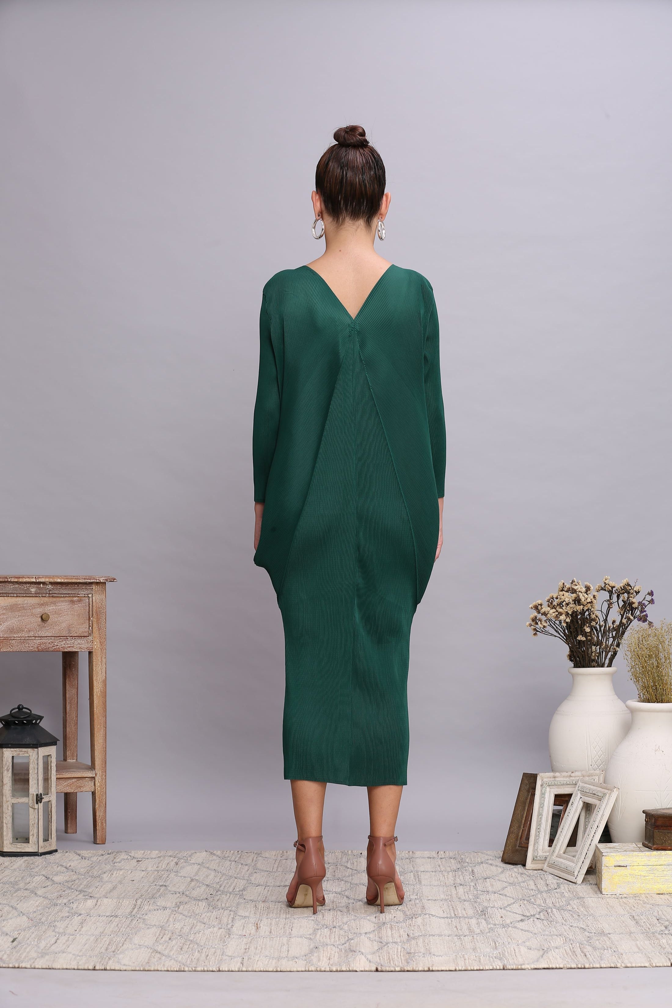 GREEN COWL DRAPE DRESS