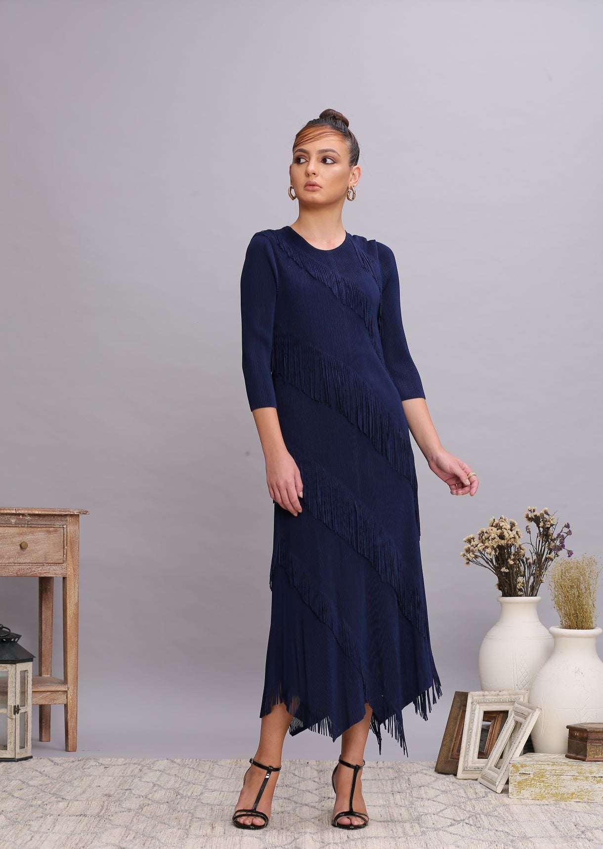 BLUE PLEATS FRINGE DRESS