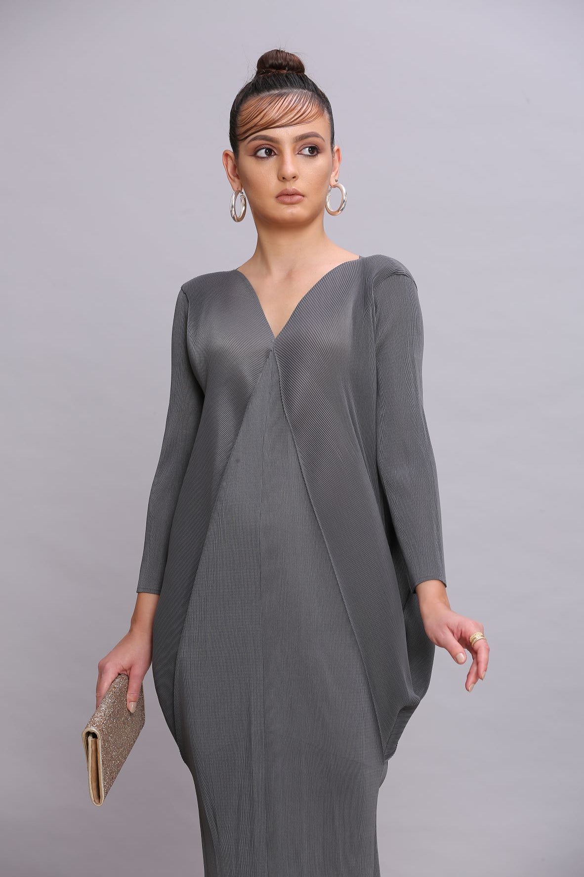 GREY COWL DRAPE DRESS