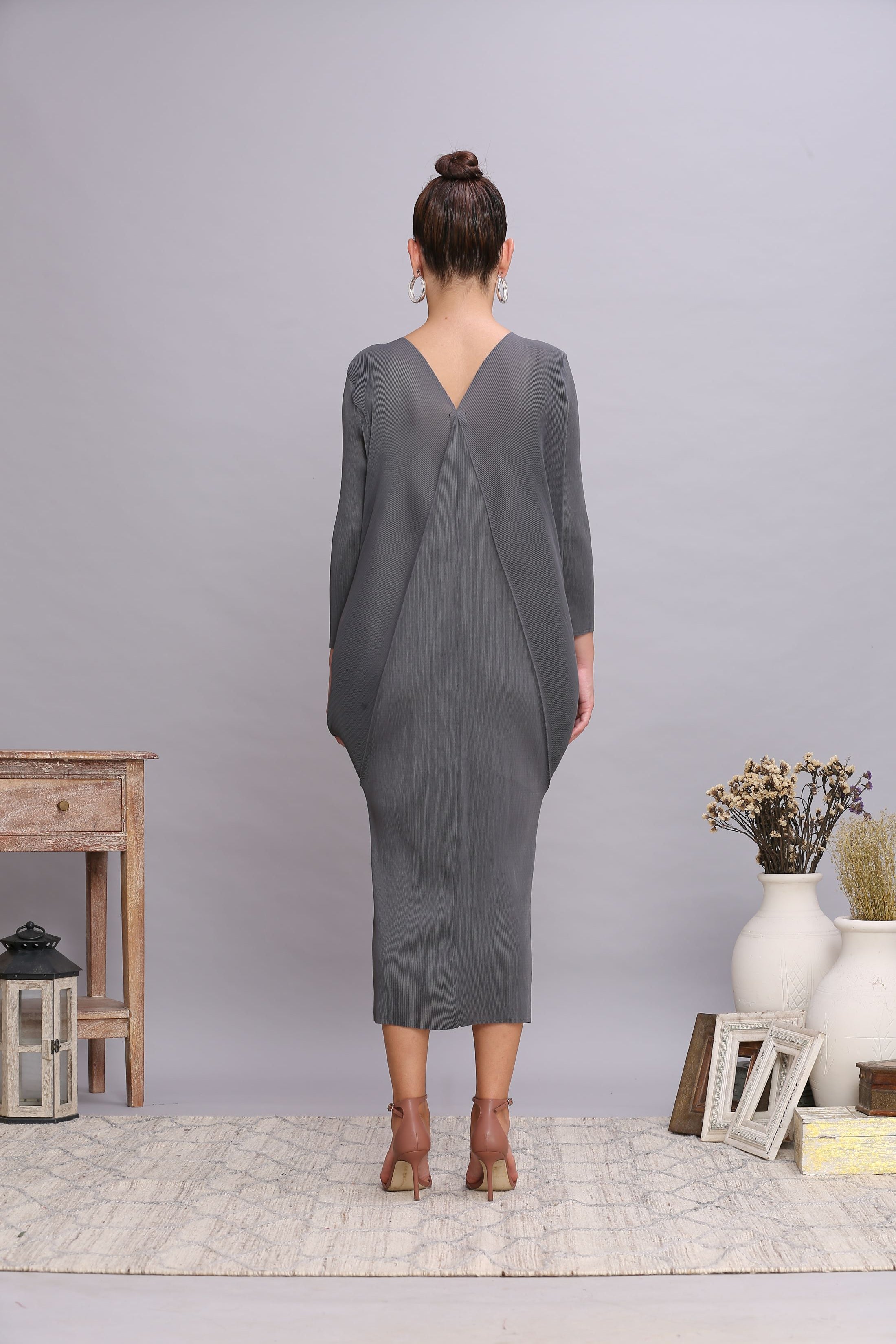GREY COWL DRAPE DRESS