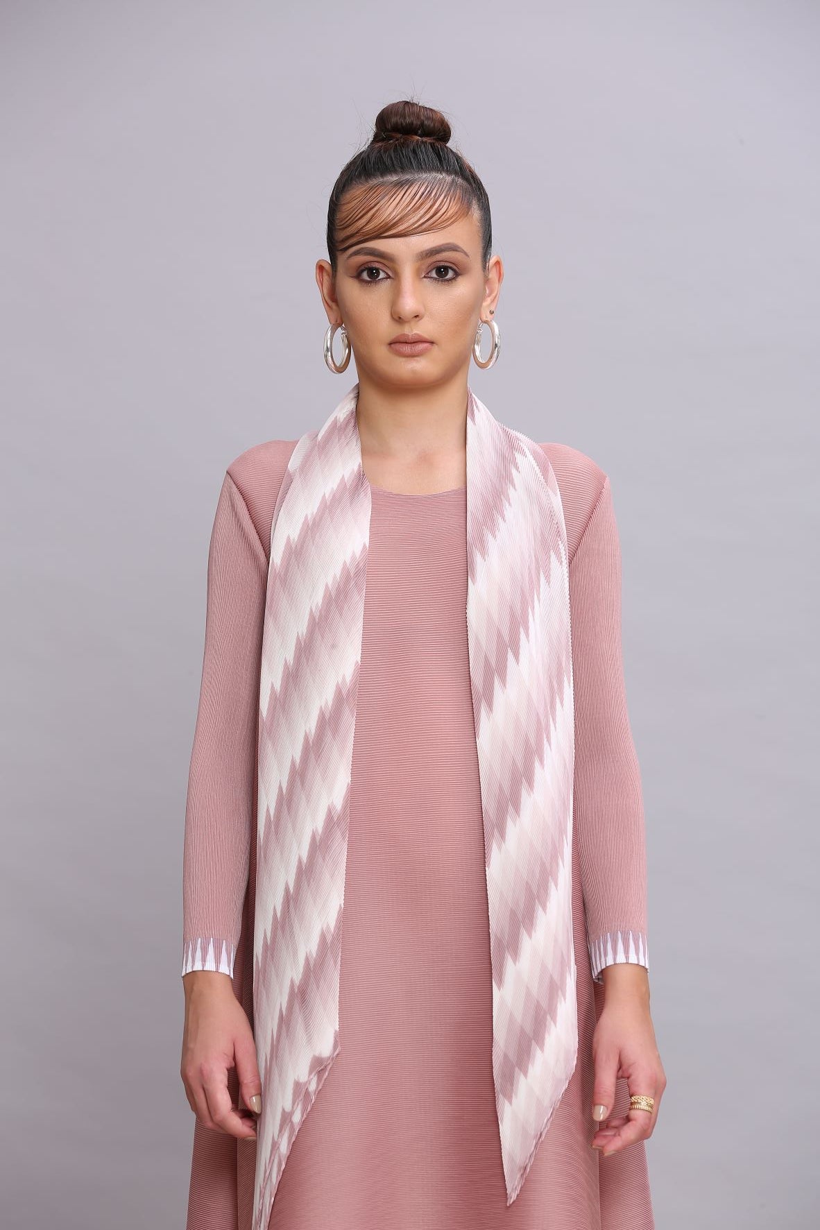 PINK KURTI DIAMOND PRINT DRESS WITH SCARF