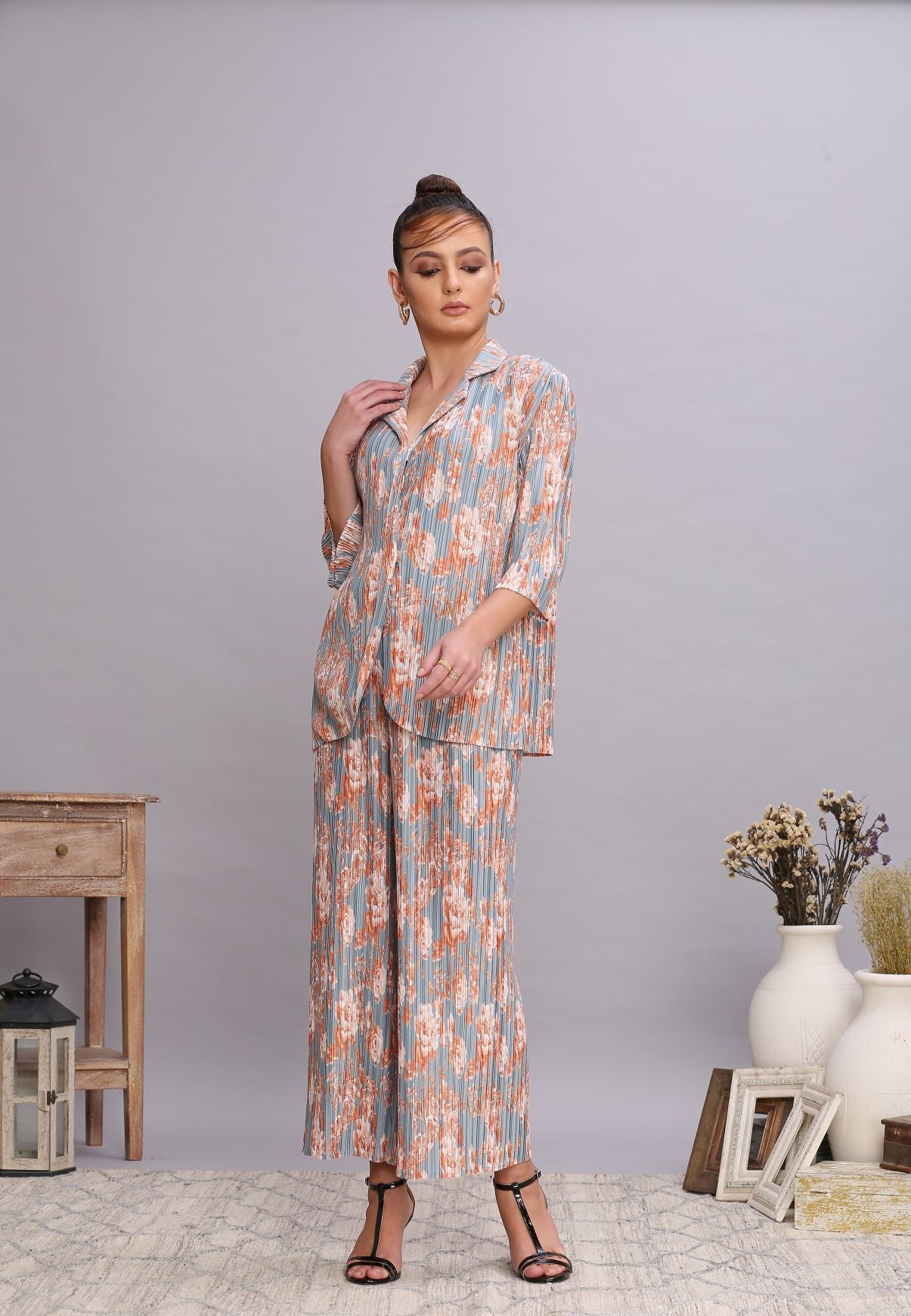 POWDER BLUE FLORAL PRINT BLAZER SET