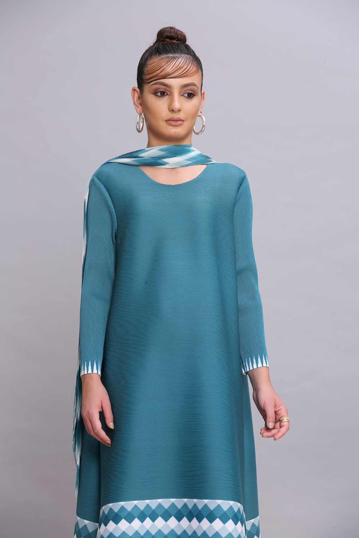 TEAL BLUE KURTI DIAMOND PRINT DRESS WITH SCARF