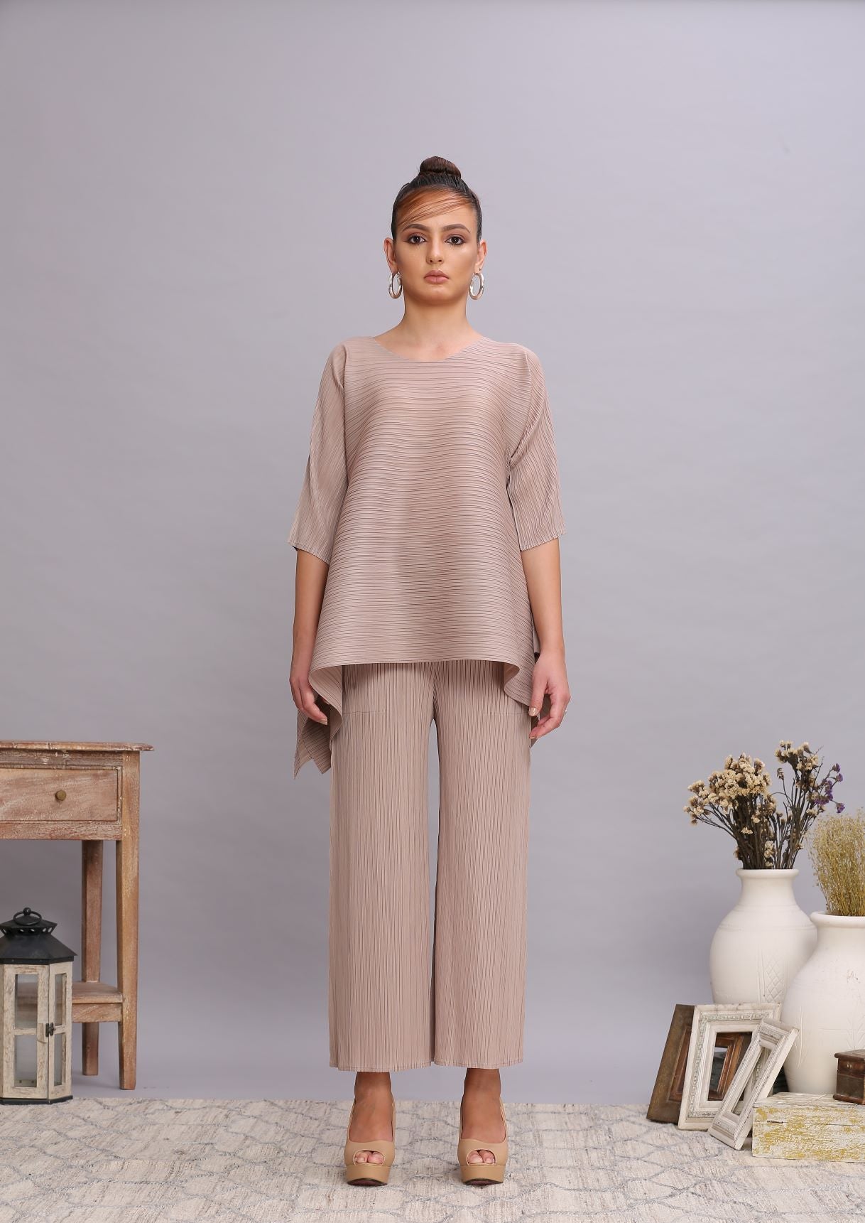 BEIGE PLEATED FLAIR TOP & PANT SET
