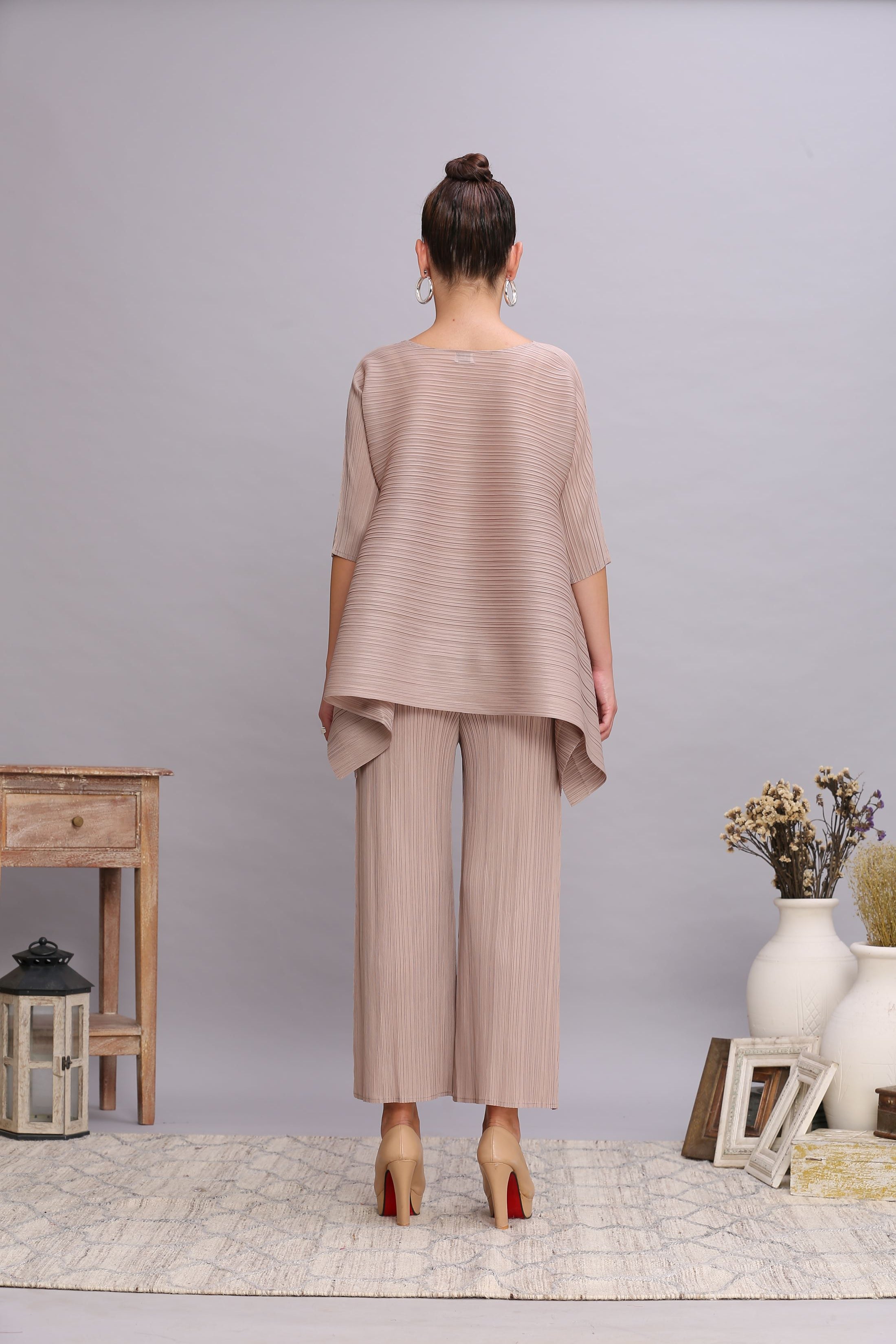 BEIGE PLEATED FLAIR TOP & PANT SET