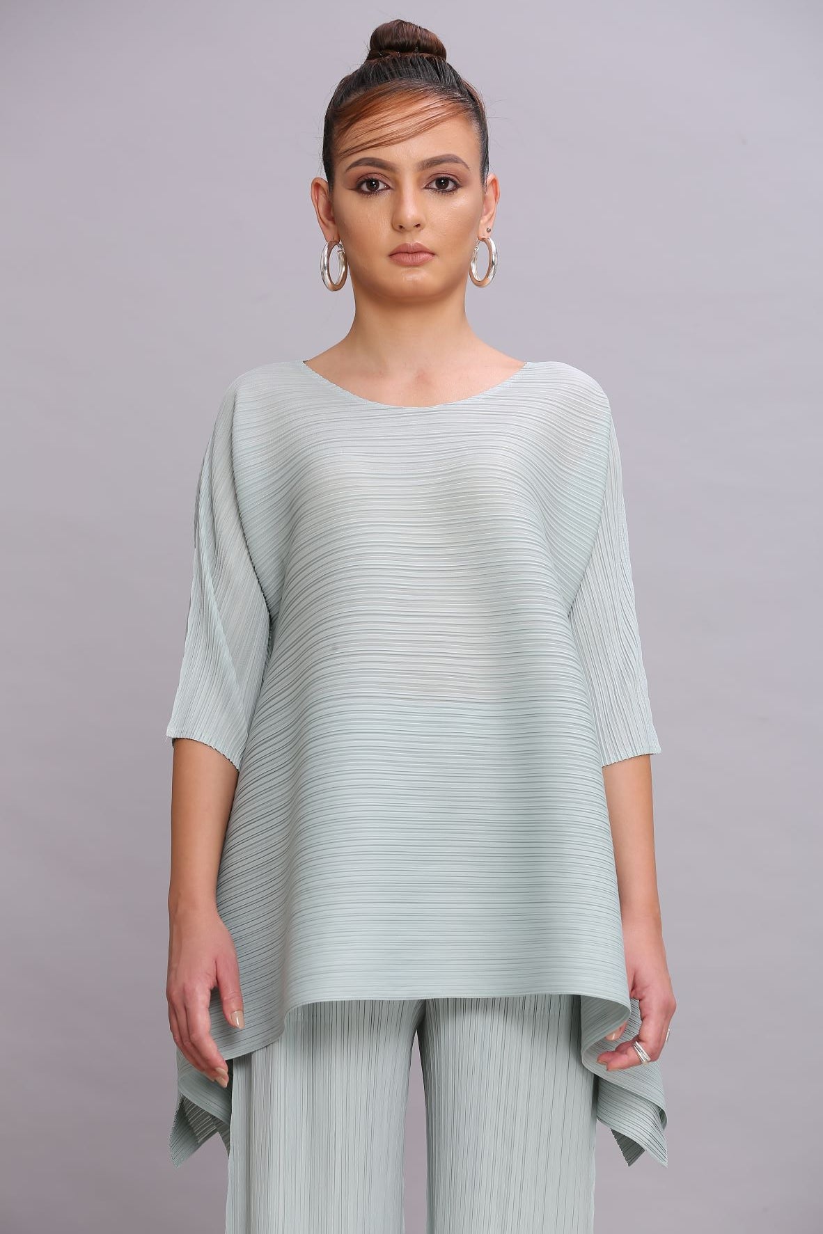 GREEN PLEATED FLAIR TOP & PANT SET