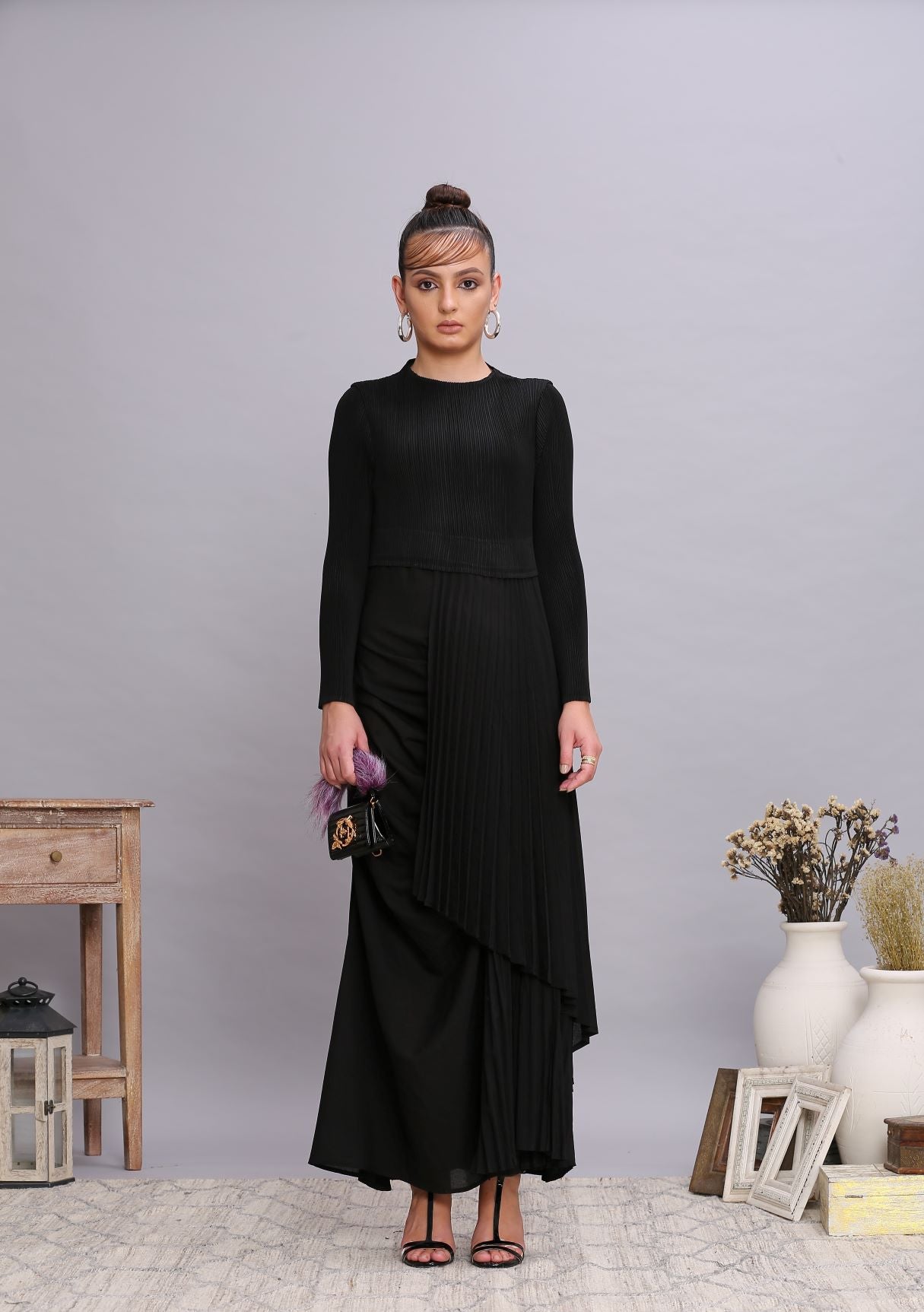 BLACK PLEATED DRAPE DRESS