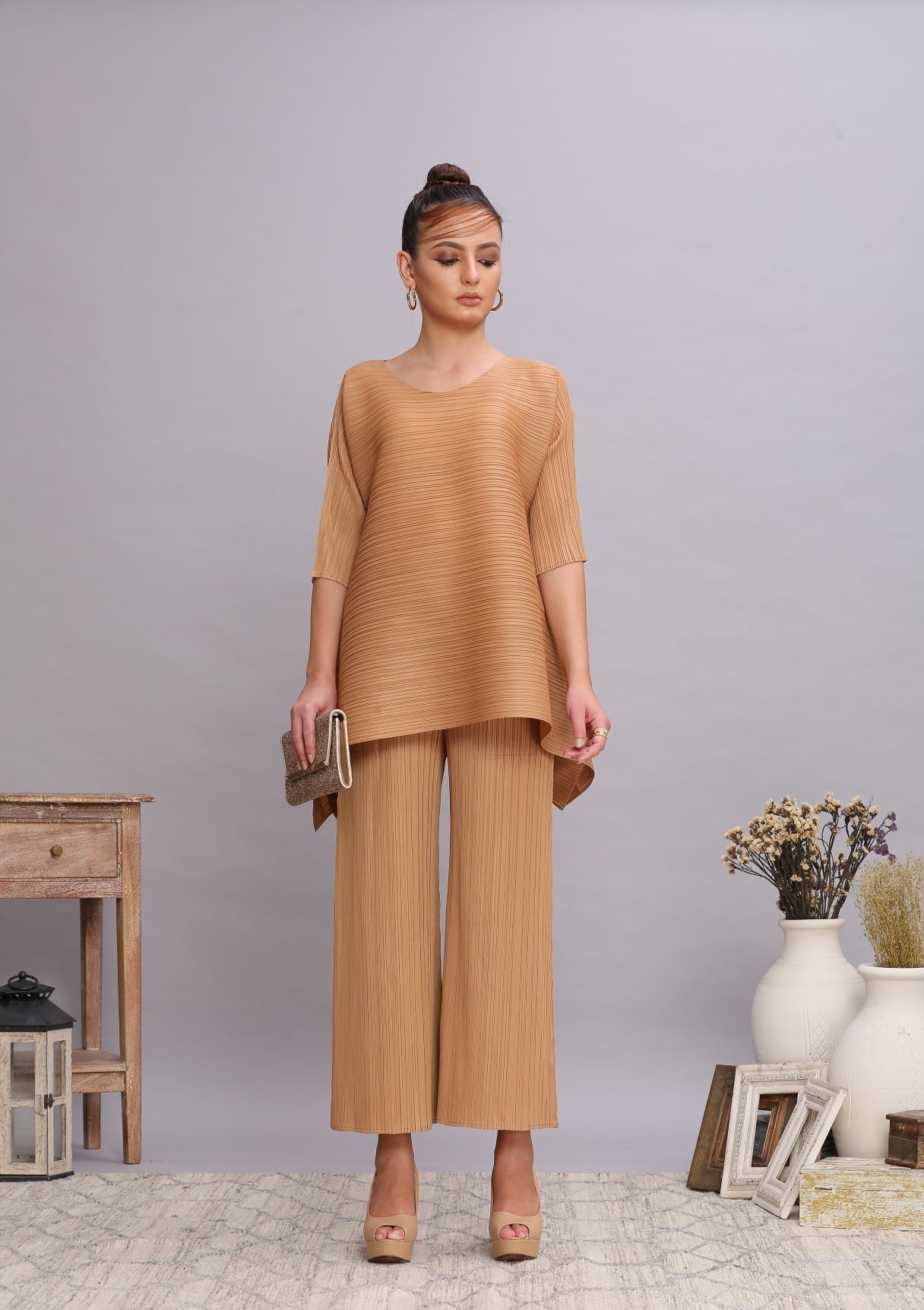 MUSTARD PLEATED FLAIR TOP & PANT SET