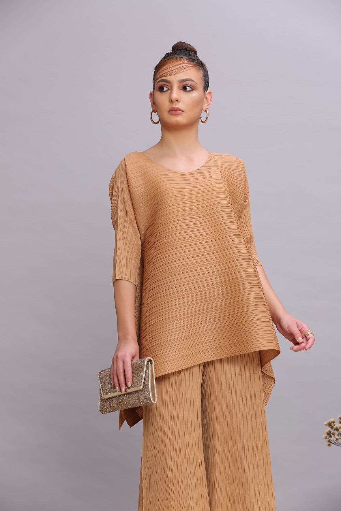 MUSTARD PLEATED FLAIR TOP & PANT SET