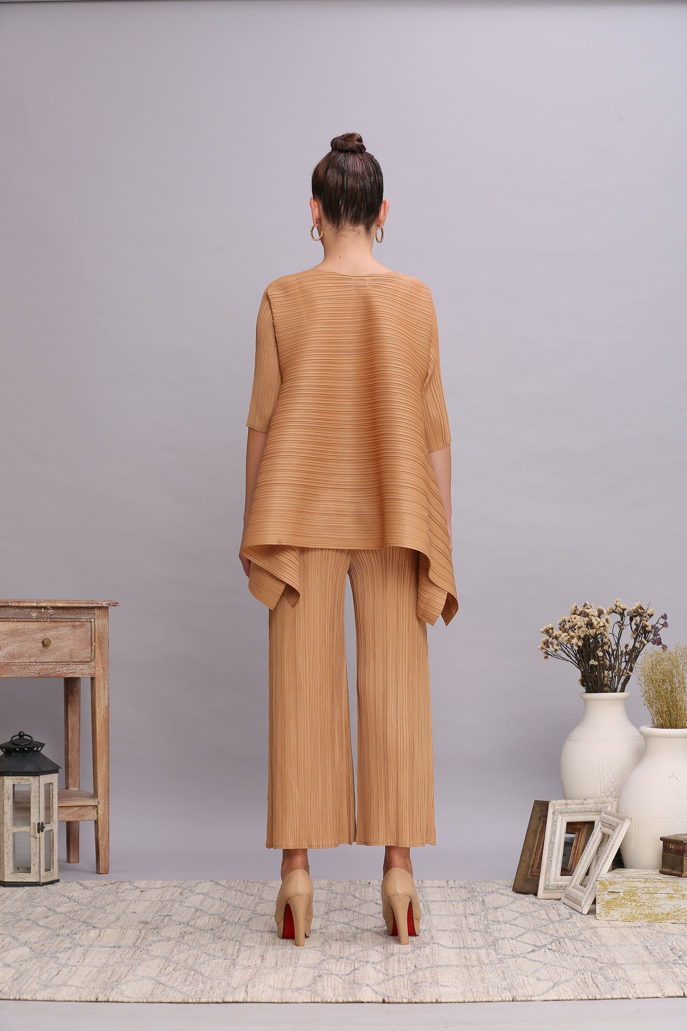 MUSTARD PLEATED FLAIR TOP & PANT SET