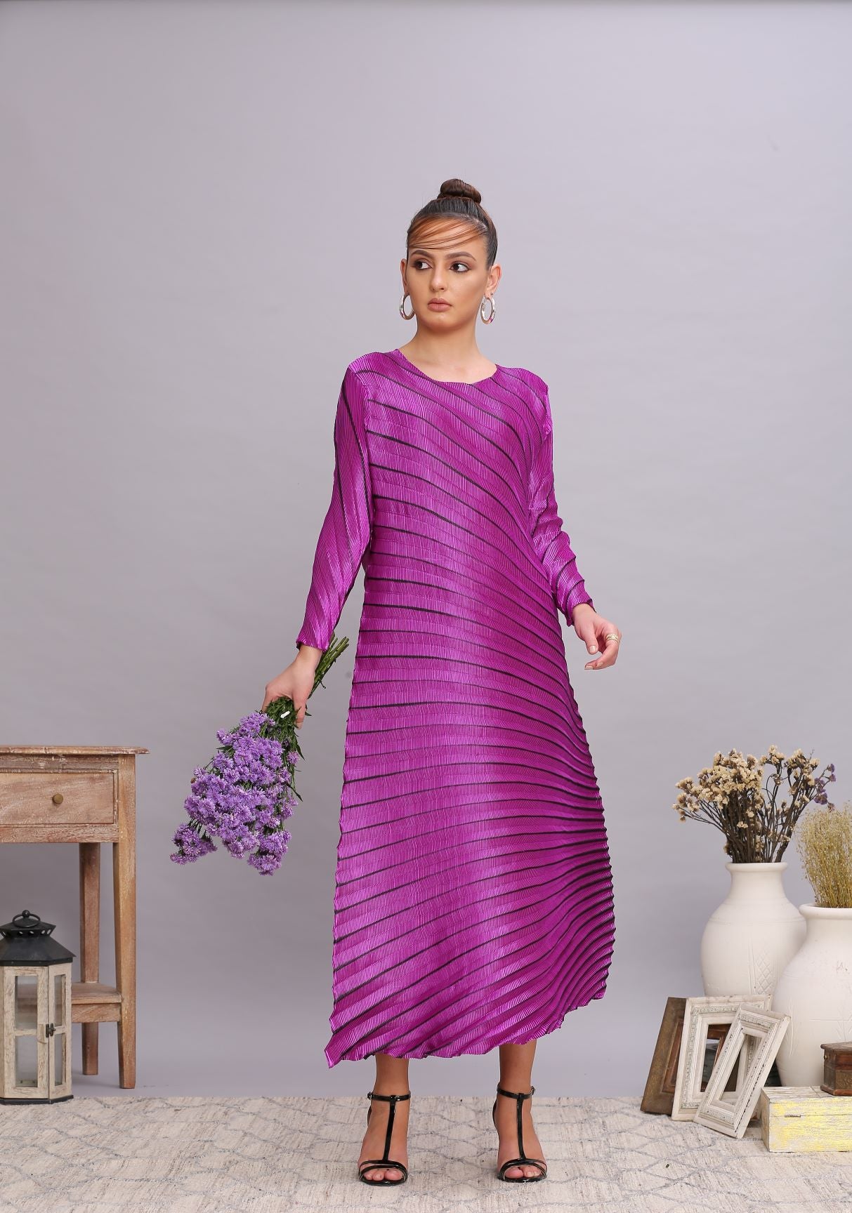 PURPLE METALLIC ANGLE PLEATED DRESS