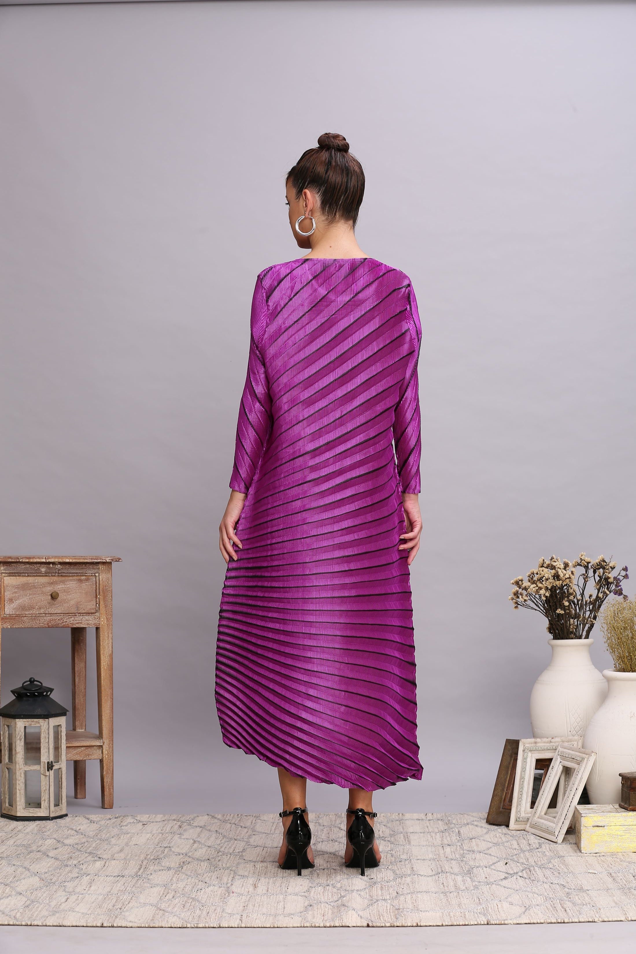 PURPLE METALLIC ANGLE PLEATED DRESS