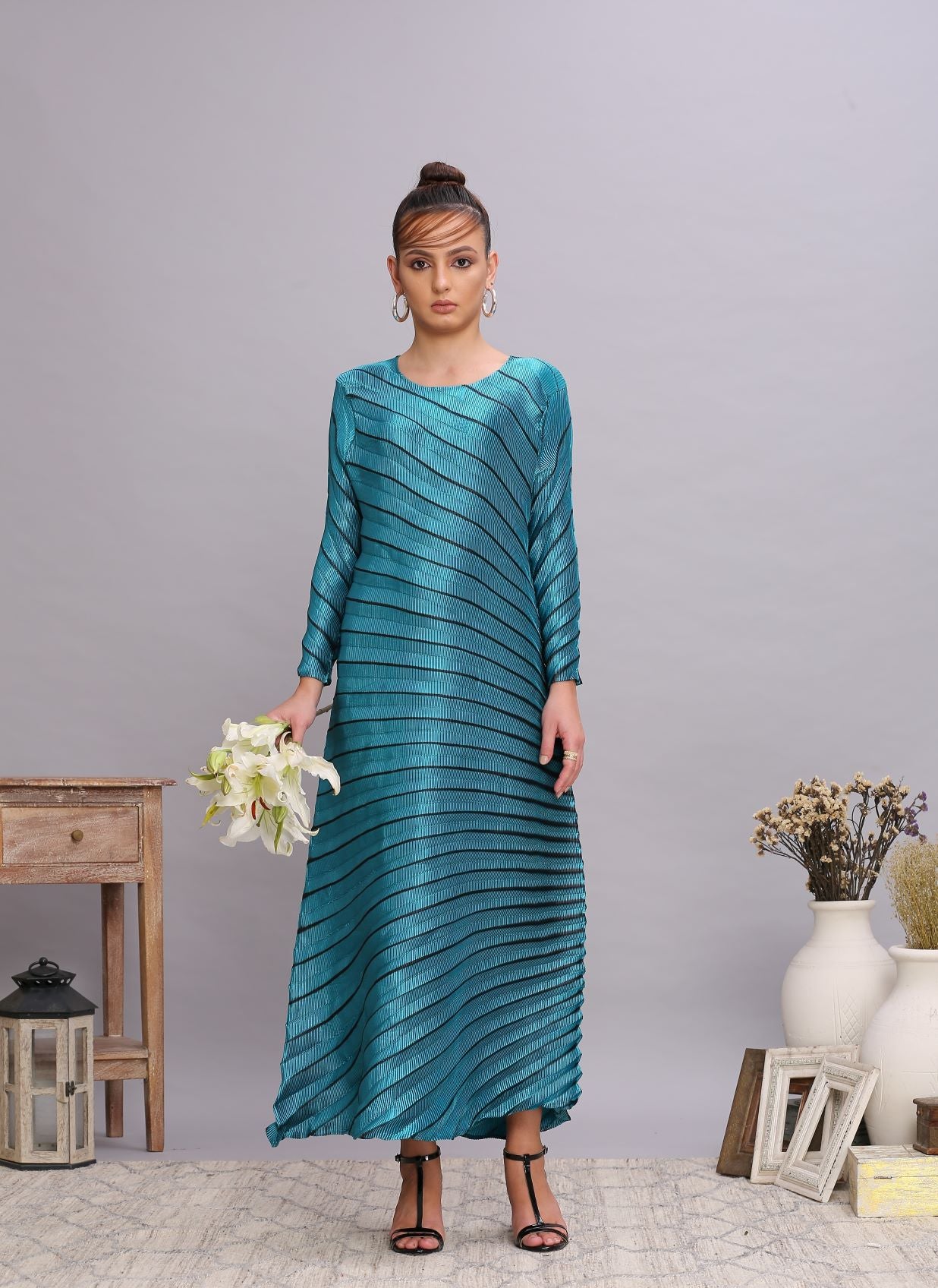 TEAL BLUE METALLIC ANGLE PLEATED DRESS