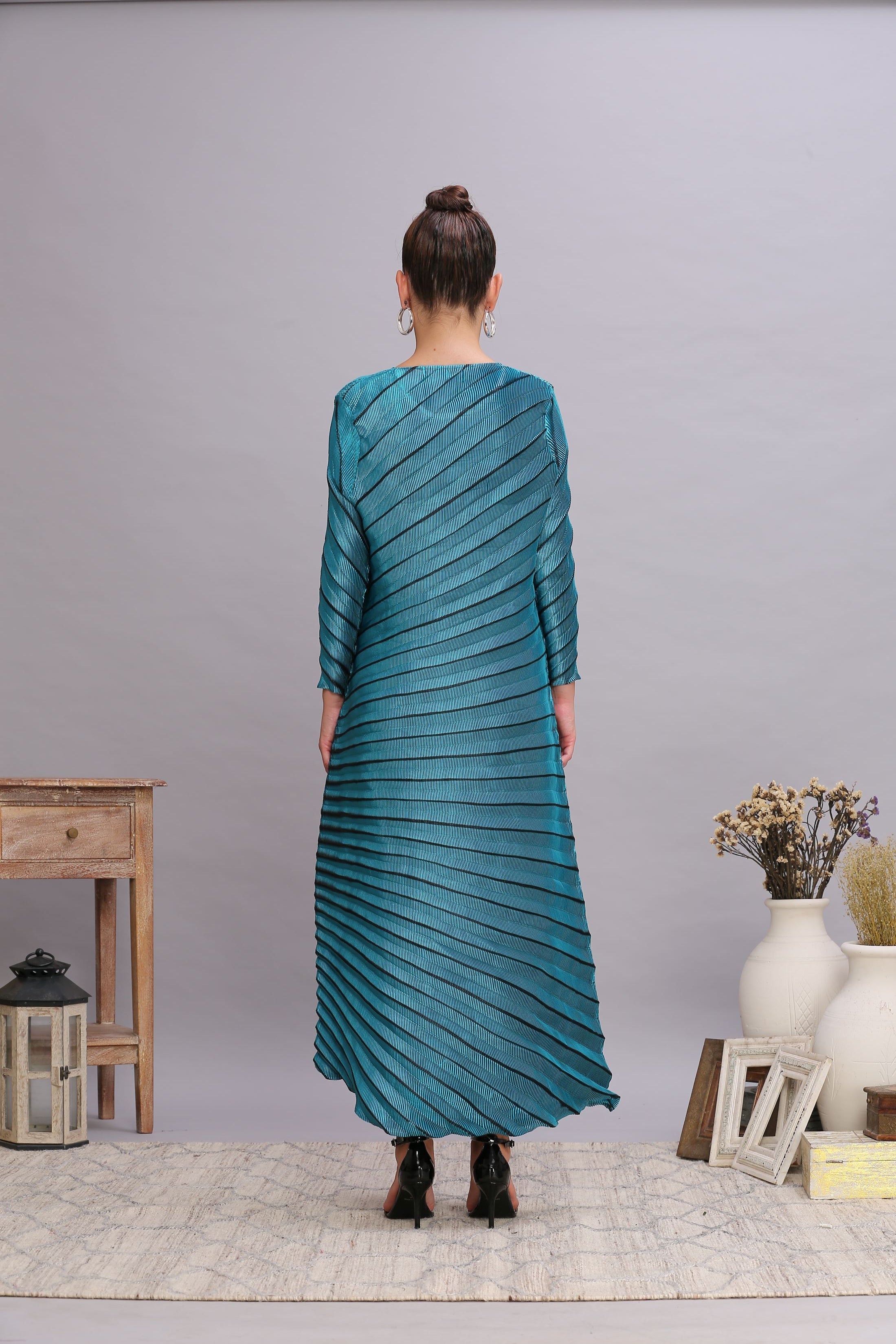 TEAL BLUE METALLIC ANGLE PLEATED DRESS