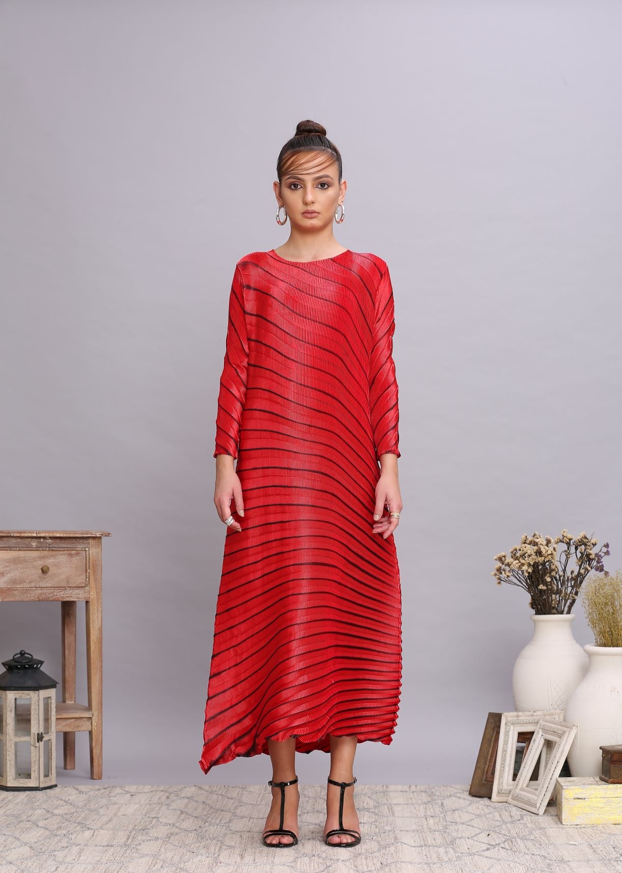 RED METALLIC ANGLE PLEATED DRESS