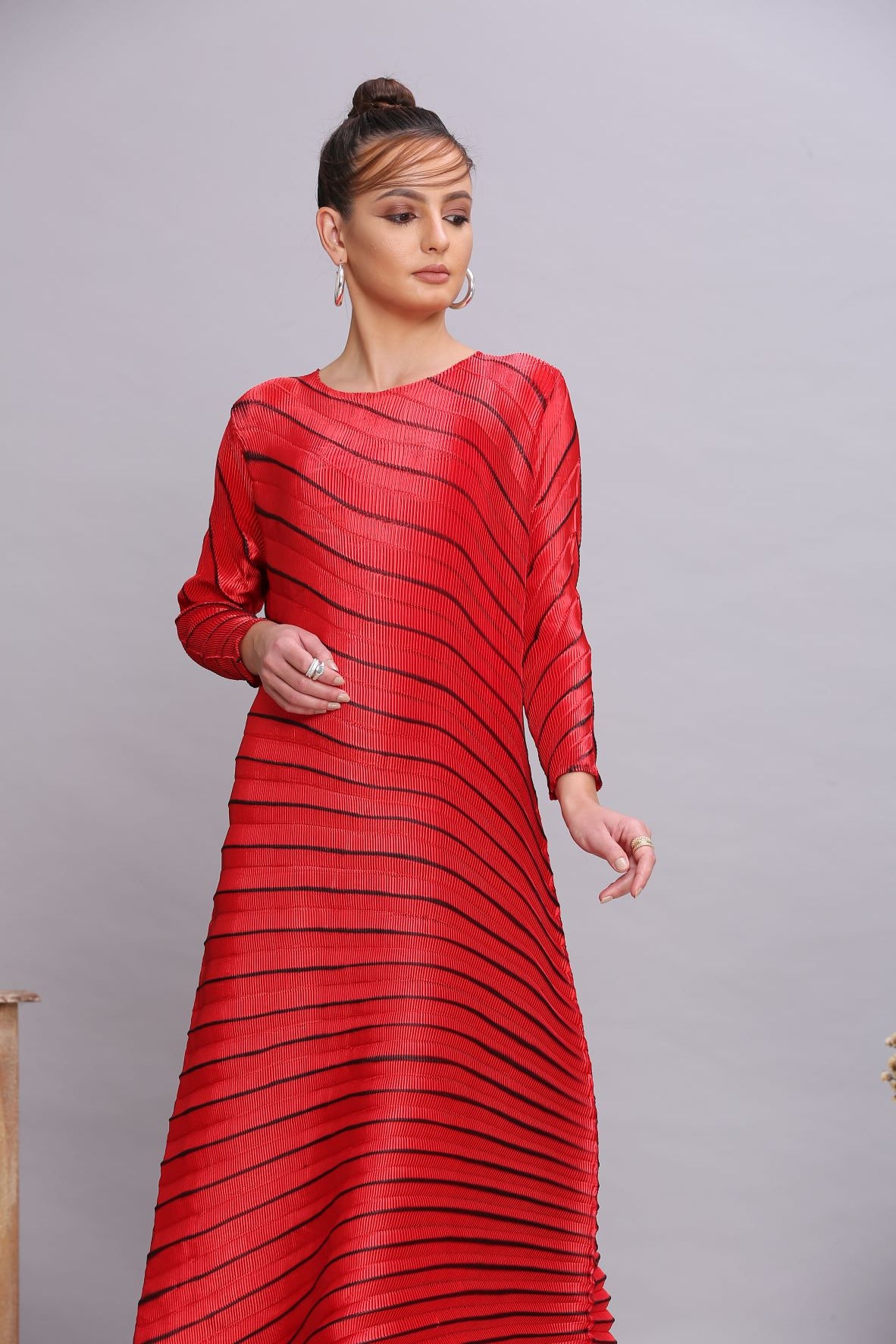RED METALLIC ANGLE PLEATED DRESS