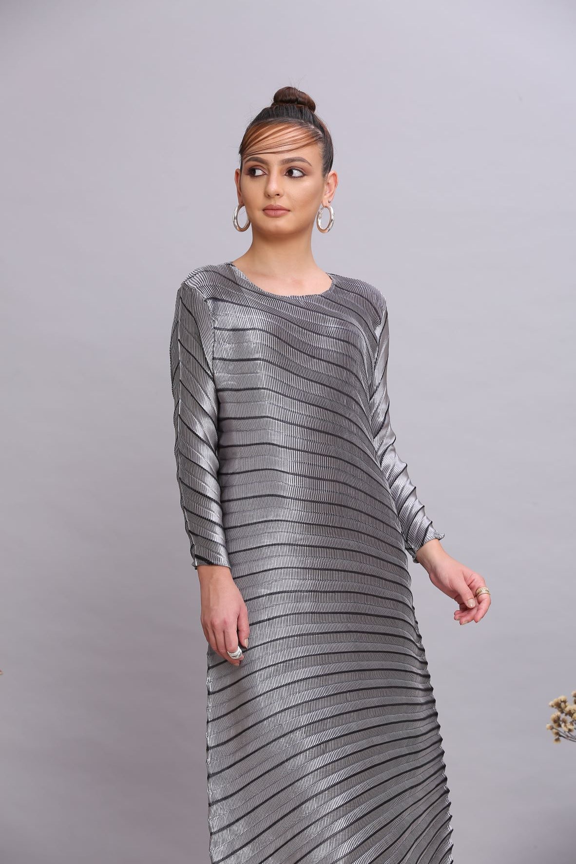 SILVER METALLIC ANGLE PLEATED DRESS