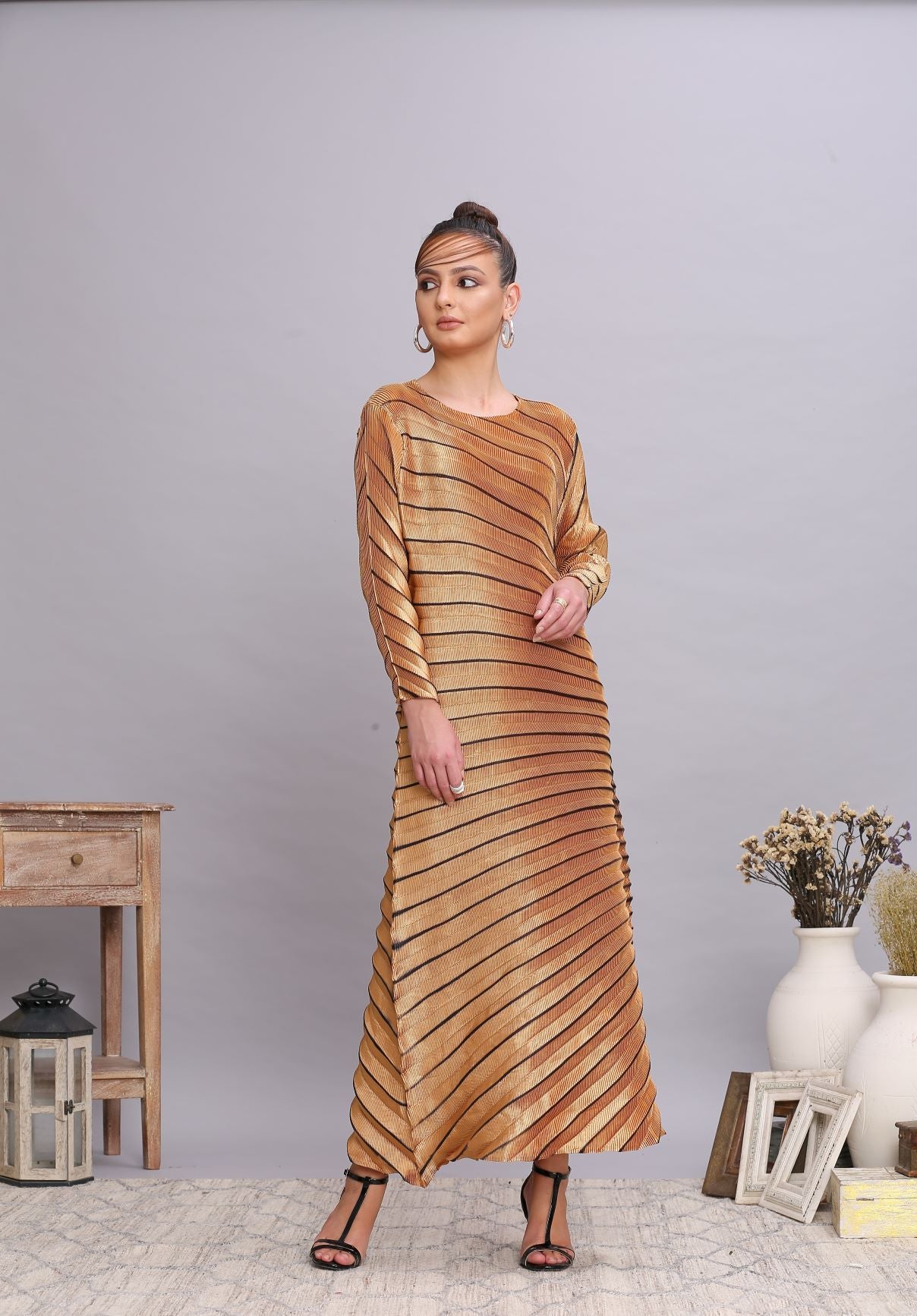 GOLD METALLIC ANGLE PLEATED DRESS