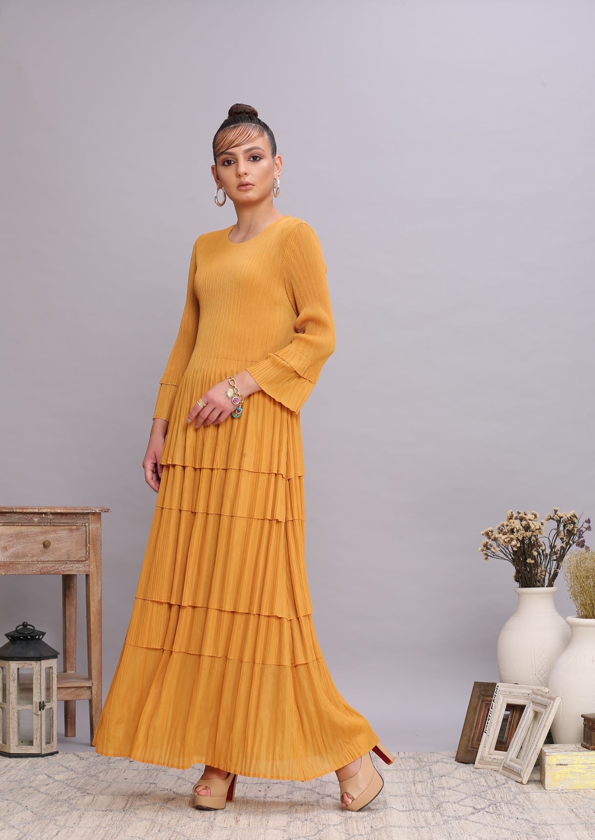 MUSTARD LAYERED PLEATS DRESS