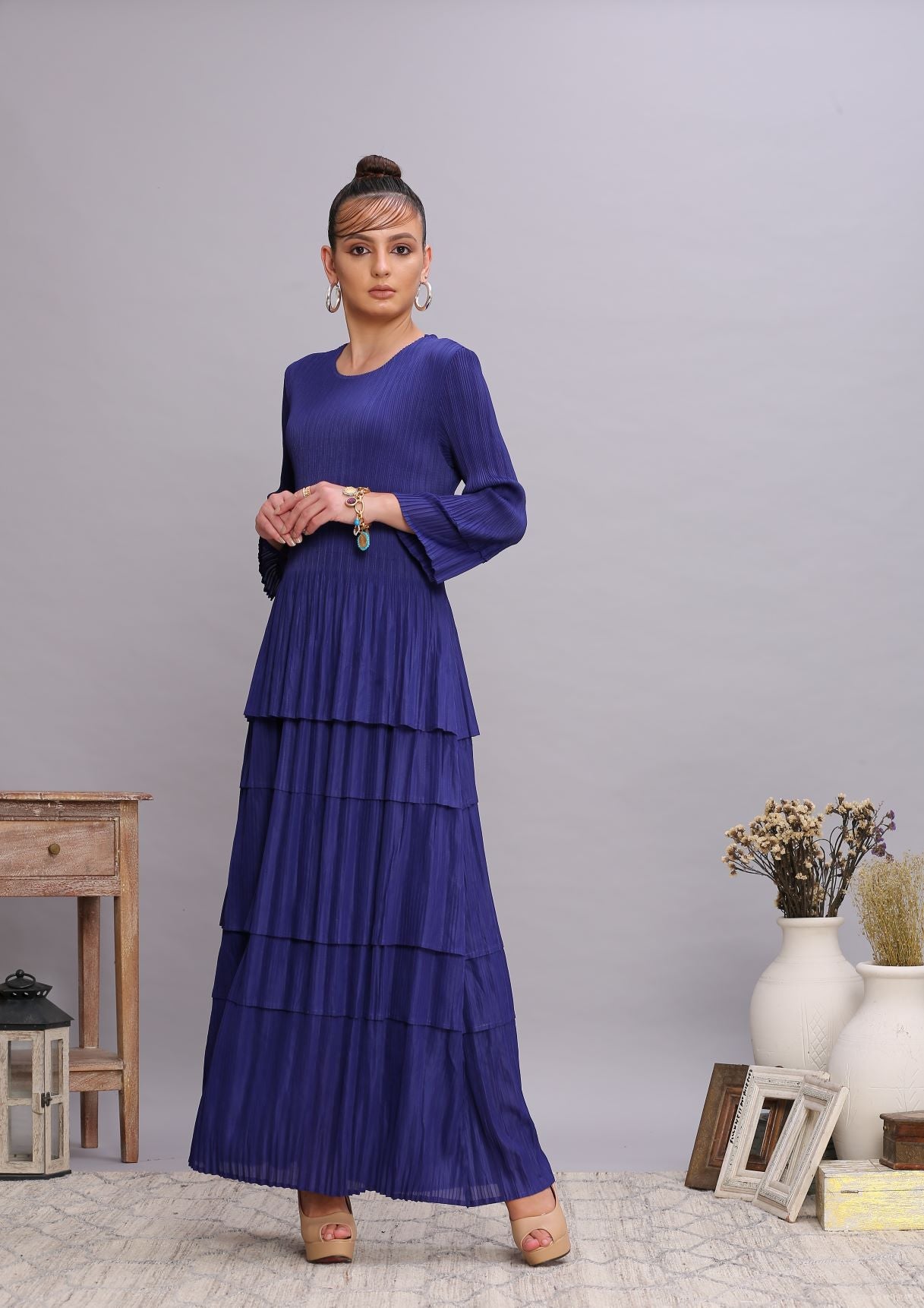 ELECTRIC BLUE LAYERED PLEATS DRESS