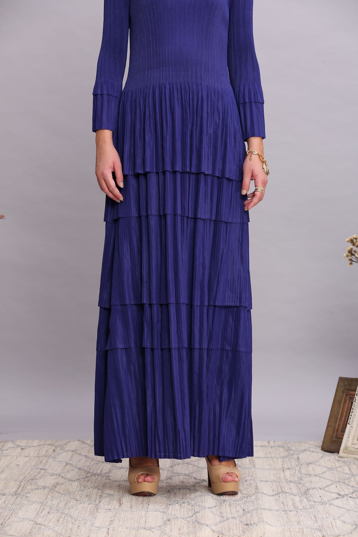 ELECTRIC BLUE LAYERED PLEATS DRESS