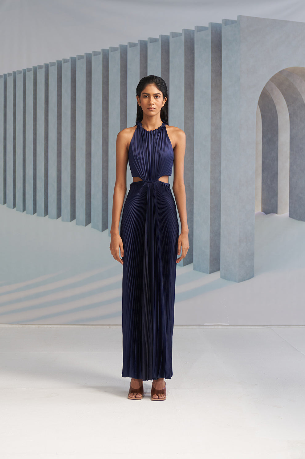 BLUE PLEATED HALTER GOWN