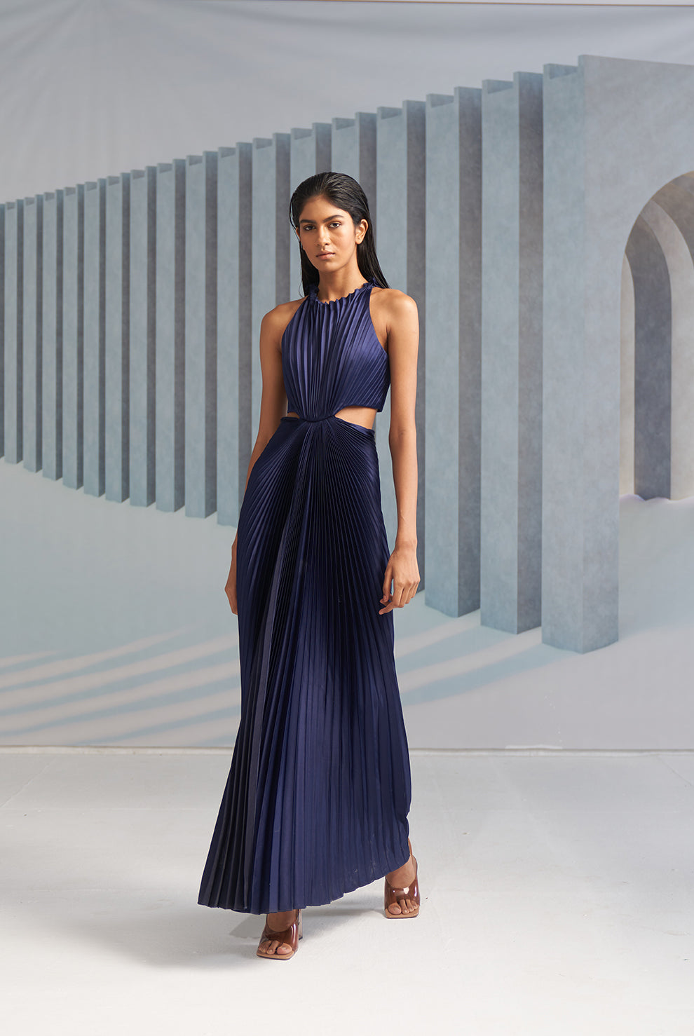 BLUE PLEATED HALTER GOWN