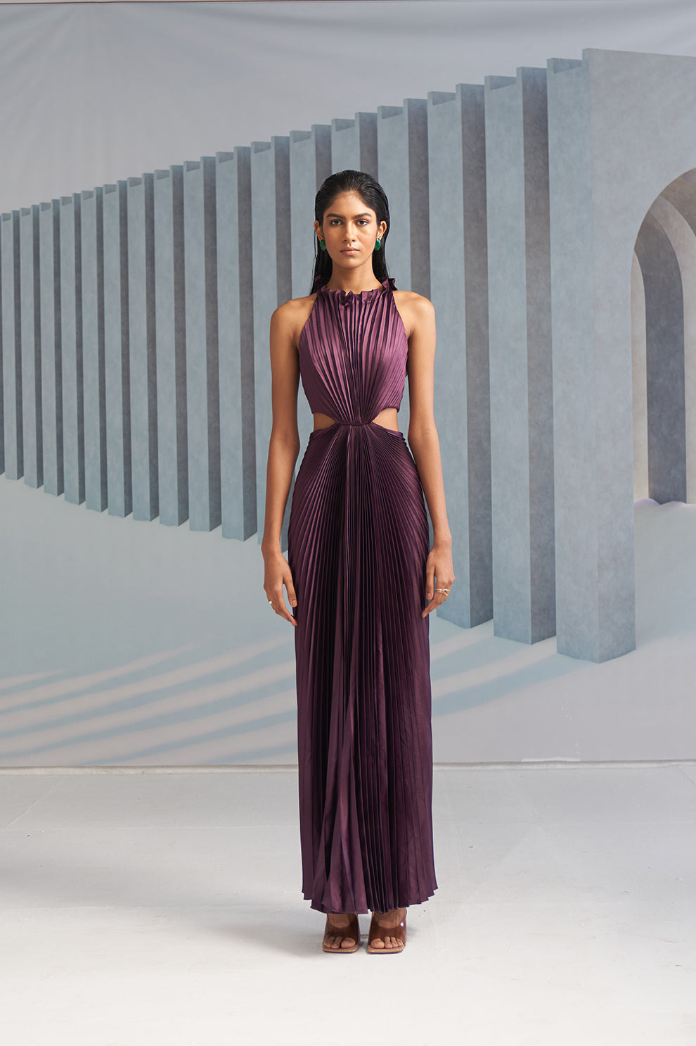 PURPLE PLEATED HALTER GOWN
