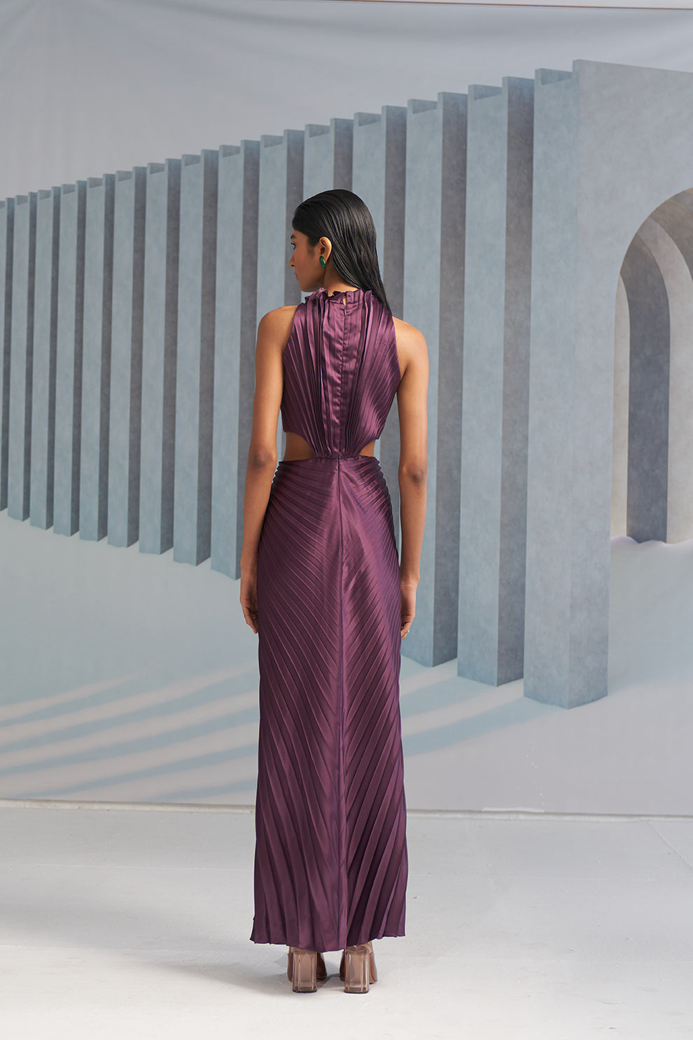 PURPLE PLEATED HALTER GOWN