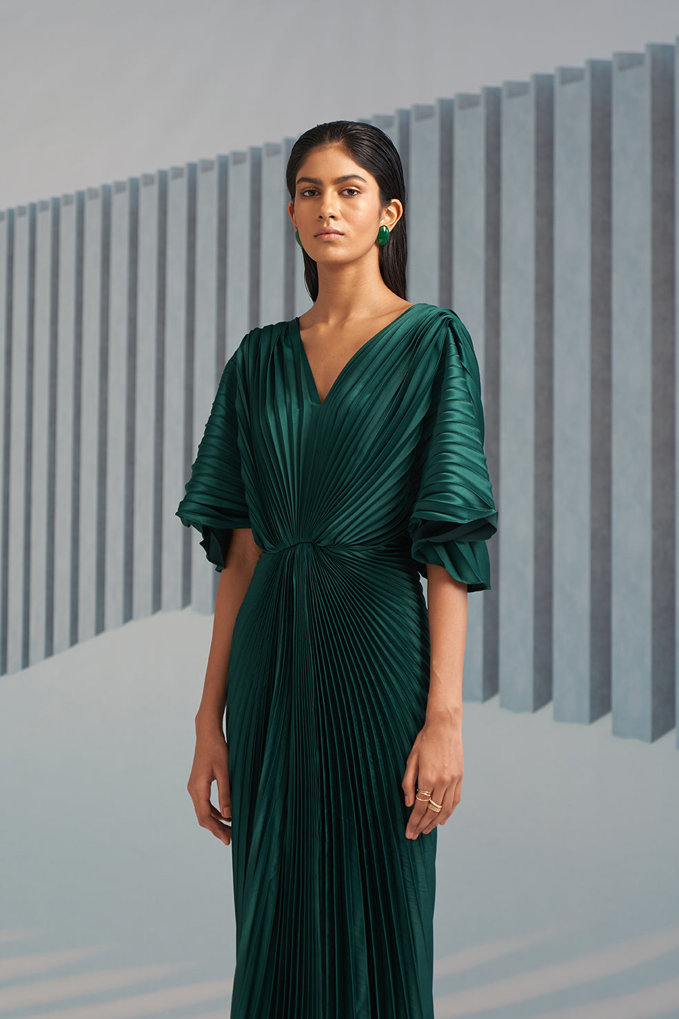 GREEN PLEATED WINGED GOWN