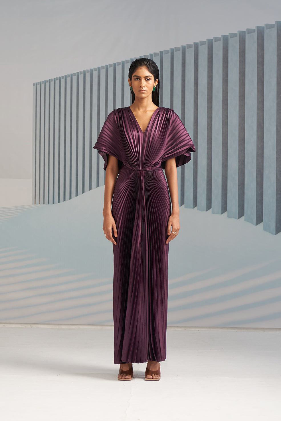 PURPLE PLEATED WINGED GOWN